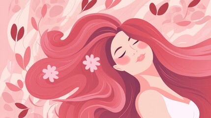 Girl with flowing hair in a pink summer breeze and flowers