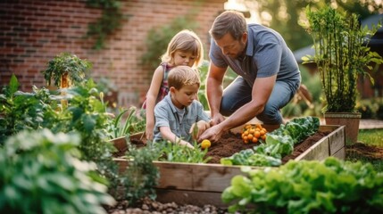 Naklejka na ściany i meble Family gardening in backyard vegetable garden