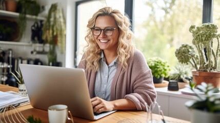 Young woman with blonde braids working from home on laptop