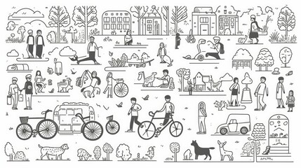 Naklejka premium Doodle Characters Doing Various Activities