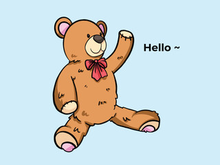 Obraz premium Cute soft brown teddy bear vector illustration with hello greetings gesture pose isolated on horizontal baby blue background. Outlined simple flat art styled drawing.