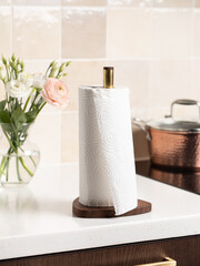 Paper towels on the holder.  Cleanliness, hygiene.