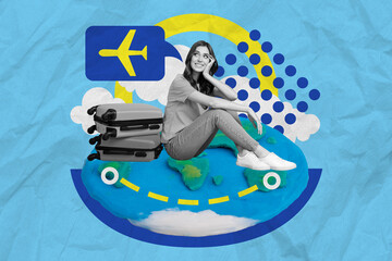 Graphical collage young traveler female sit near baggage summer holiday wait registration flight drawing photo blue background