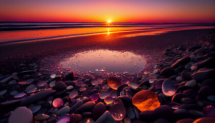 Fototapeta na wymiar Breathtaking photograph of a beach with glowing stone in sunset Ai generated image