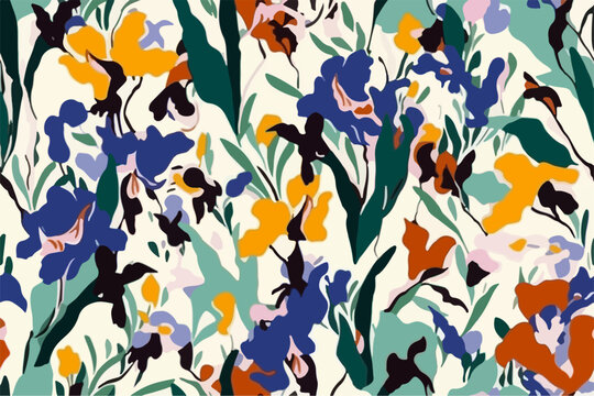 Colorful seamless iris pattern, Vector illustrations of flower, plant, floral pattern, leaves, bird, iris for greeting card, flyer or frame