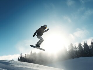 Naklejka na ściany i meble Snowboarder Jumping in Winter -ai generated