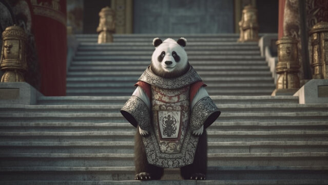 Chinese panda warrior Emporer walking down the stairs of the palace. Cool animal photos. Chinese oriental fantasy. AI art.