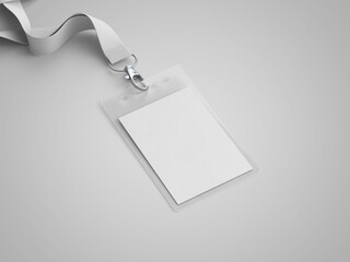 Blank bagde mockup isolated on white. Plain empty name tag mock up hanging on neck with string. Nametag with blue ribbon and transparent plastic paper holder. 3D illustration, 3D rendering.