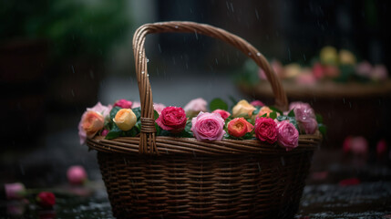 Aromatherapy After the Rain: A Basket Brimming with Roses. Generative AI
