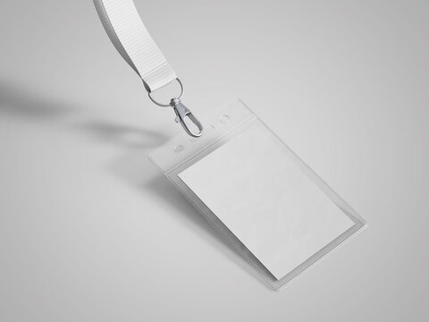 Blank bagde mockup isolated on white. Plain empty name tag mock up hanging on neck with string. Nametag with blue ribbon and transparent plastic paper holder. 3D illustration, 3D rendering.