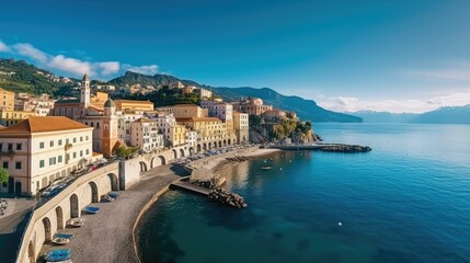 Morning view of Amalfi cityscape on coast line of Mediterranean Sea - obrazy, fototapety, plakaty