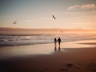 Romantic Couple Walking on Beach -ai generated