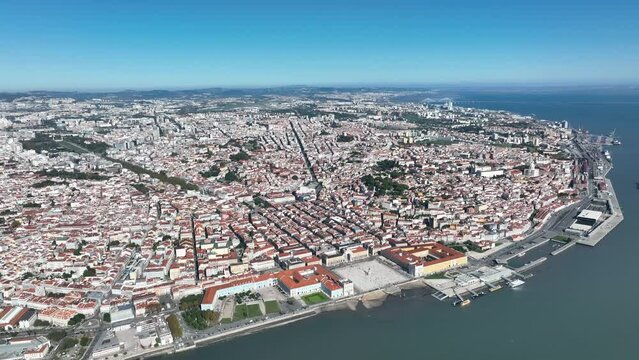 Lisbon Skyline. Downtown and Old Town in Background. Portugal. 4k