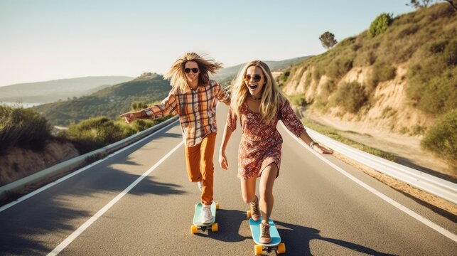 Couple Riding Skateboards on Sunny Ocean Road