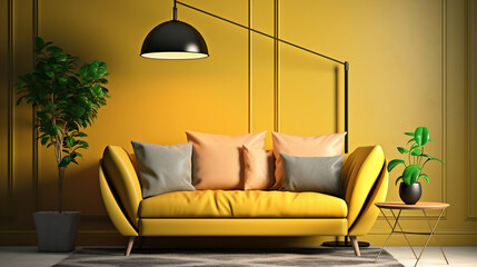 Contemporary trendy yellow living room on green Concept design. Modern sofa and Floor lamp. Beautiful flat illustration with trendy living room, Generative AI