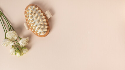 Massage brushes,  natural cosmetic in glass bottle. Eco-friendly items. Biodegradable personal care...