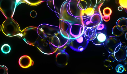 3d render 3d background with surreal bubbles spheres in deformation motion process in dark transparent plastic material with neon laser plasma glowing round curve lines in rainbow color on black