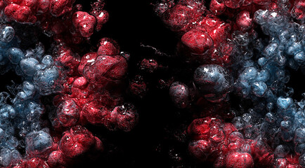 3d render abstract art with surreal alien creepy spooky scary bacterias or virus based on explosive  splash smoke bubbles particles structure with translucent glossy plastic tissue in red blue color