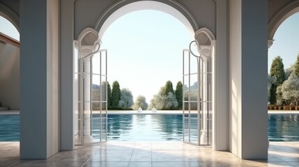 Luxury outdoor pool entrance arch