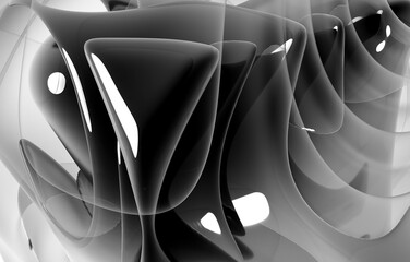 3d render monochrome abstract art with part of surreal liquid organic plastic ball sphere with multilayer effect with black glossy cube structure inside in curve wavy lines forms on white background