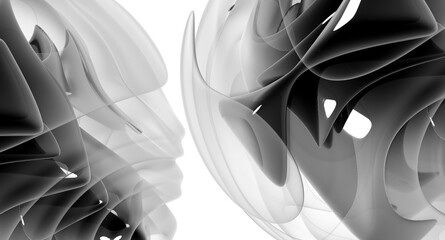 3d render monochrome abstract art with parts of surreal liquid organic plastic balls sphere with multilayer effect with black glossy cube structure inside in curve wavy lines forms on white background