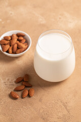 Almonds, a glass of milk. lactose free milk. Healthy food. Almond milk.