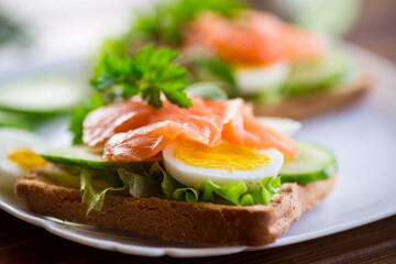 fried toast with lettuce, egg, cucumbers and red fish in a plate.