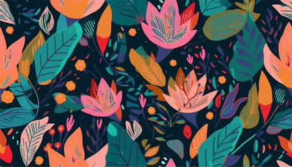 Modern colorful tropical floral pattern. Cute botanical abstract contemporary seamless pattern. Hand drawn unique print - obrazy, fototapety, plakaty
