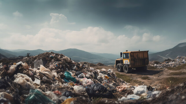 Pollution problem, mountain garbage in Municipal landfill for household waste, Generative AI