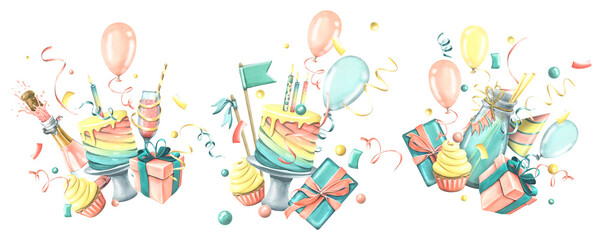 Festive rainbow cake with candles, flags, cupcake gift box, balloons and confetti. Watercolor illustration. A compositions from the HAPPY BIRTHDAY collection. For the design of greetings