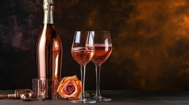 Bottle of rose sparkling wine or champagne with crystal flute on pink background