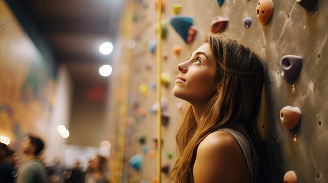 Woman looking up at climbing wall