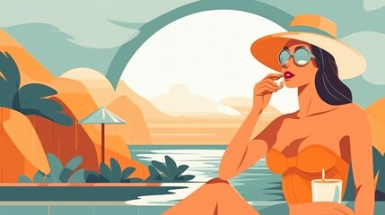 Obraz na płótnie Canvas Drawing of a girl drinking refreshments on a beach