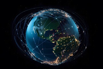 Connecting beams lines around the globe. global network concept. Generative AI