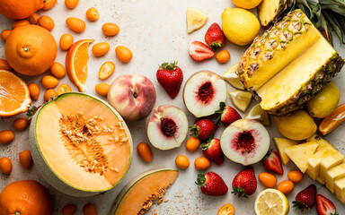 Fresh summer produce with melon, peaches, strawberries and pineapple 
