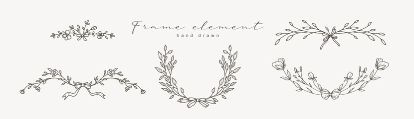 Hand drawn vintage floral wreaths, frames with flowers and ribbon bows. Trendy greenery elements in line art style. Vector for label, corporate identity, wedding invitation, card