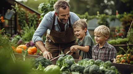 Father and Sons Gardening in Vegetable Garden