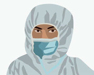Vector isolated illustration of male doctor in protective suit. Portrait of a doctor during a virus or pandemic.