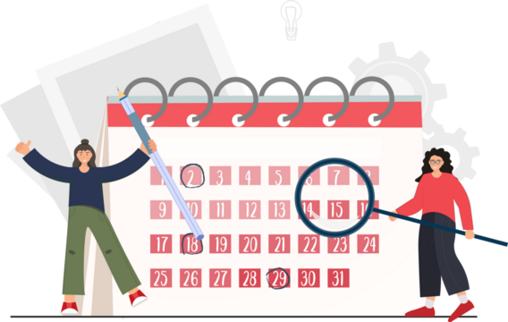 People planning schedule, planning business event at the calendar, organizing meeting., planning strategy and time management, flat vector illustration