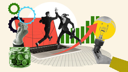 Ambitious men, employees giving high five, celebration financial success. Innovations and trade market. Contemporary art collage. Concept of office, business, career development, cryptocurrency