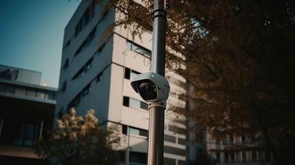 video surveillance camera is mounted on a pole outside an apartment building for monitor security. Generative AI