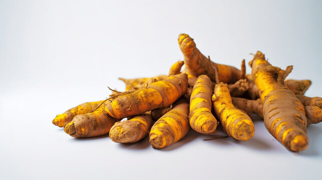 Bunch of ripe dried organic turmeric roots laid in composition on white background. Curcuma at table counter. Generative AI