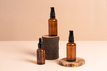 Natural cosmetics in glass bottles. Spa products. Organic, bio, natural cosmetic. Beauty, skincare concept