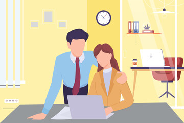 sexual harassment, assault, abuse at workplace, sexism discrimination concept vector, man assaulting on woman illustration, inappropriate behavior at workplace with boss harassing employee - obrazy, fototapety, plakaty
