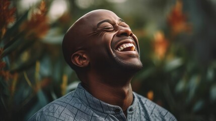 Cheerful black man laughing with eyes closed