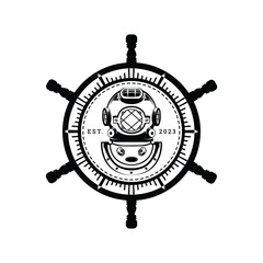 Vintage diving helmet, of a scuba diver vector template silhouette and classy looking design and concept nautical logo