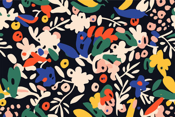 Obraz premium Hand drawn bright cute artistic flowers print. Modern cartoon style botanical pattern. Fashionable template for design