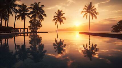 Amazing island sunset beach view, palm trees. Generative AI