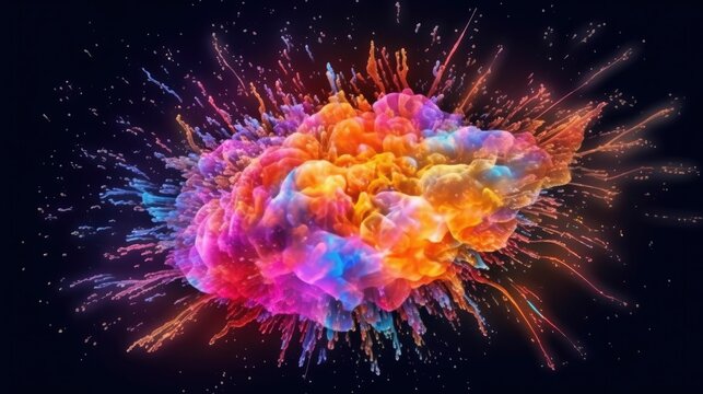 Illustration of a human brain exploding with ideas, knowledge, and creativity