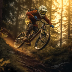 Naklejka premium Downhill Mountain Biker, Generative AI